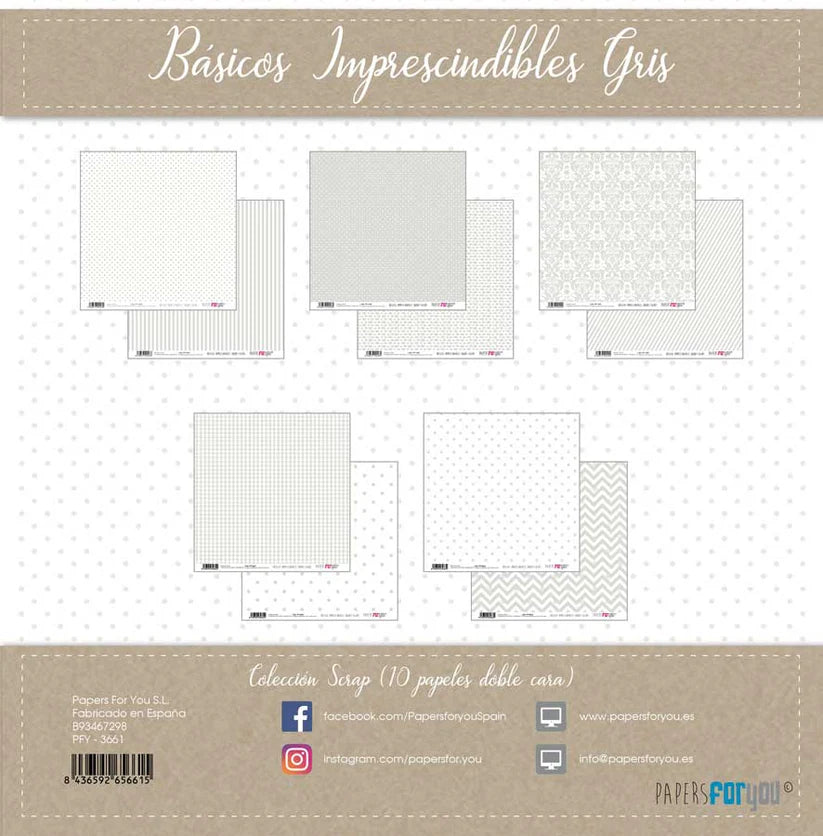 Colección 10 papeles doble cara 12"x12" PFY Básicos imprescindibles Gris