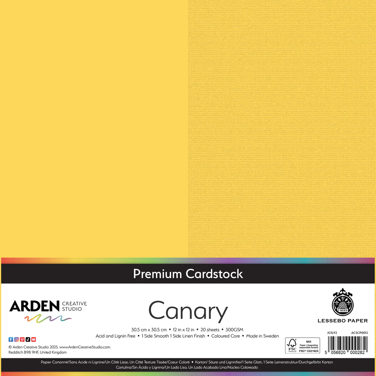 Arden Creative Studio Premium Cardstock Canary 12in x 12in 300gsm 20 Pack