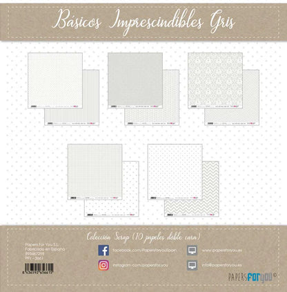 Colección 10 papeles doble cara 12"x12" PFY Básicos imprescindibles Gris