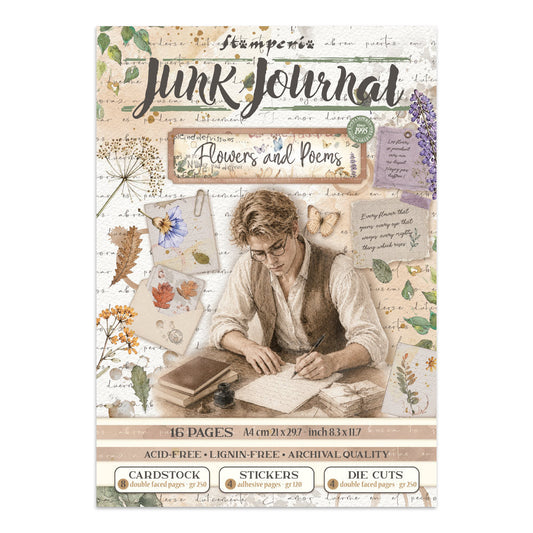 Stamperia Flowers and Poems Junk Journal A4 con fondos stickers y recortables