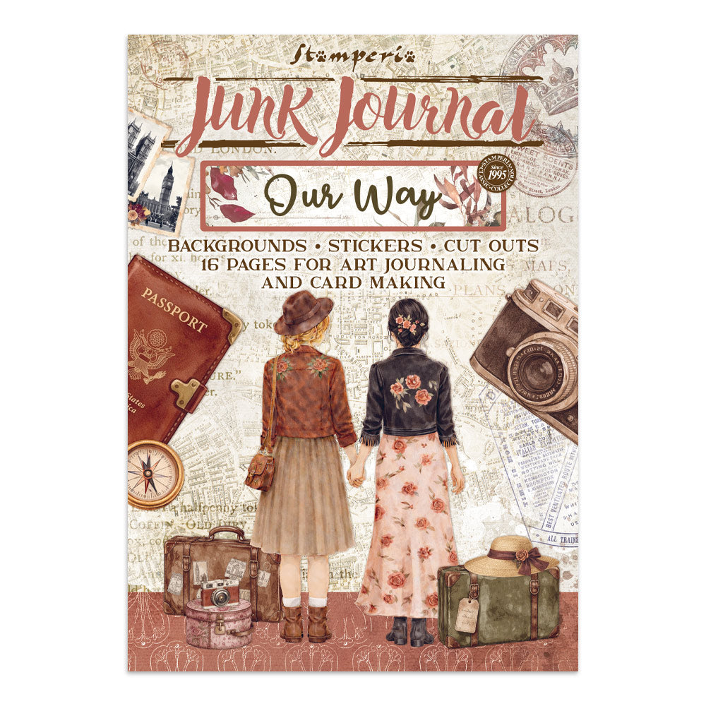 Stamperia Our Way Junk Journal A4 con fondos stickers y recortables de viaje